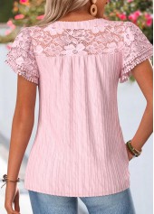 Pink Curved Hem Short Sleeve Split Neck Blouse | thumb picture 