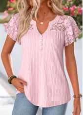 Pink Curved Hem Short Sleeve Split Neck Blouse