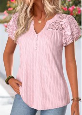 Pink Curved Hem Short Sleeve Split Neck Blouse | thumb picture 