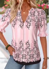 Pink Leaf Print Shirred Half Sleeve Split Neck Blouse