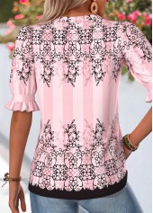 Pink Leaf Print Shirred Half Sleeve Split Neck Blouse | thumb picture 
