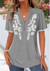 Black Plaid Shirred Short Sleeve V Neck Blouse