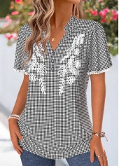 Black Plaid Shirred Short Sleeve V Neck Blouse | thumb picture 