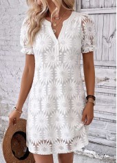White Short Shirred Split Neck Dress