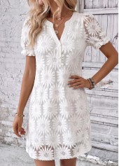 White Short Shirred Split Neck Dress | thumb picture 