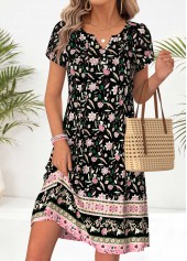 Black Floral Print Short Tuck Stitch Split Neck Dress
