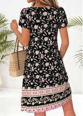 Black Floral Print Short Tuck Stitch Split Neck Dress | thumb picture 