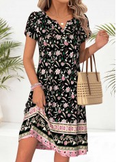 Black Floral Print Short Tuck Stitch Split Neck Dress | thumb picture 
