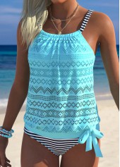 Cyan Mid Waisted Blouson Striped Tankini Set | thumb picture 