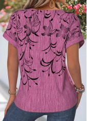 Violet Floral Print Curved Hem Short Sleeve Blouse | thumb picture 