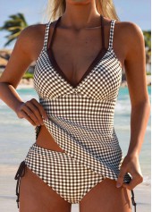 Light Coffee Mid Waisted Drawstring Gingham Print Tankini Set | thumb picture 