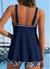 Navy Mid Waisted Criss Cross Leaf Print Tankini Set | thumb picture 