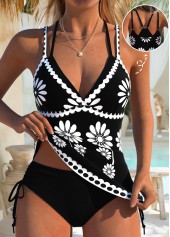 Black Mid Waisted Drawstring Random Floral Print Tankini Set