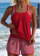 Tummy Coverage Mid Waisted Striped Red Tankini Set