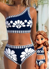 Navy Mid Waisted Patchwork Floral Print Bikini Set