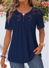 Navy Curved Hem Short Sleeve Split Neck T Shirt