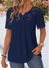 Navy Curved Hem Short Sleeve Split Neck T Shirt | thumb picture 