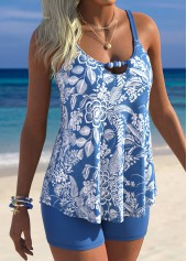 Blue Mid Waisted Curved Hem Floral Print Tankini Set