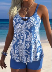 Blue Mid Waisted Curved Hem Floral Print Tankini Set | thumb picture 
