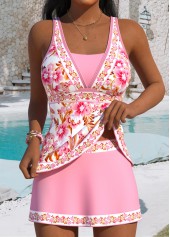 Pink Mid Waisted Floral Print Tankini Set