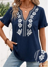 Navy Frill Short Sleeve Split Neck Blouse