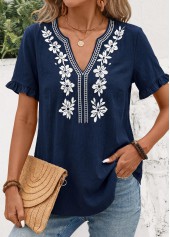 Navy Frill Short Sleeve Split Neck Blouse | thumb picture 