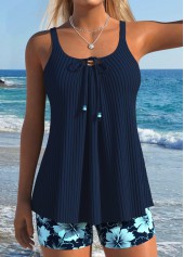 Navy Mid Waisted Lace Up Floral Print Tankini Set