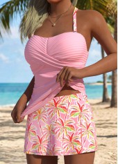 Pink Mid Waisted Wrap Tropical Plants Print Tankini Set | thumb picture 