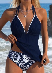 Navy Mid Waisted Drawstring Random Floral Print Tankini Set