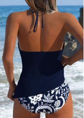 Navy Mid Waisted Drawstring Random Floral Print Tankini Set | thumb picture 