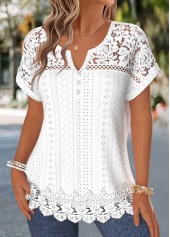 Raw White Patchwork Short Sleeve Split Neck Blouse | thumb picture 