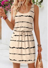 Light Camel Striped Short Double Side Pockets Sleeveless Dress