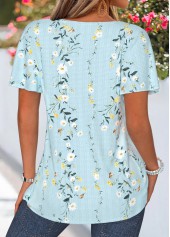 Light Blue Floral Print Patchwork Short Sleeve T Shirt | thumb picture 