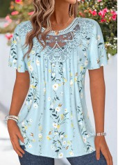 Light Blue Floral Print Patchwork Short Sleeve T Shirt | thumb picture 