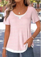 Pink Striped Fake 2in1 Short Sleeve T Shirt