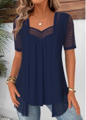 Navy Short Sleeve Heart Collar Fake Two Piece Twinset