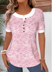 Pink Curved Hem Short Sleeve Round Neck T Shirt