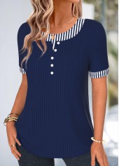 Navy Striped Curved Hem Short Sleeve T Shirt | thumb picture 