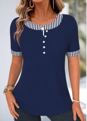 Navy Striped Curved Hem Short Sleeve T Shirt