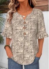Light Camel Geometric Print Frill Half Sleeve Blouse