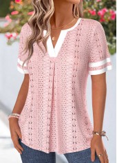 Light Pink Patchwork Short Sleeve Split Neck T Shirt | thumb picture 