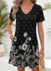 Black Floral Print Short Double Side Pockets Dress