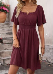 Wine Red Short Smocked Square Neck Dress