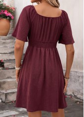 Wine Red Short Smocked Square Neck Dress | thumb picture 