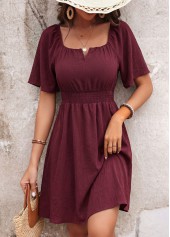 Wine Red Short Smocked Square Neck Dress | thumb picture 