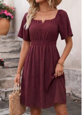 Wine Red Short Smocked Square Neck Dress | thumb picture 