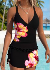 Black Mid Waisted Frill Floral Print Tankini Set