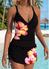 Black Mid Waisted Frill Floral Print Tankini Set | thumb picture 