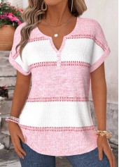 Pink Striped Tummy Coverage Short Sleeve Split Neck Blouse