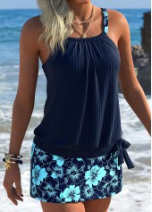 Navy Mid Waisted Blouson Floral Print Tankini Set